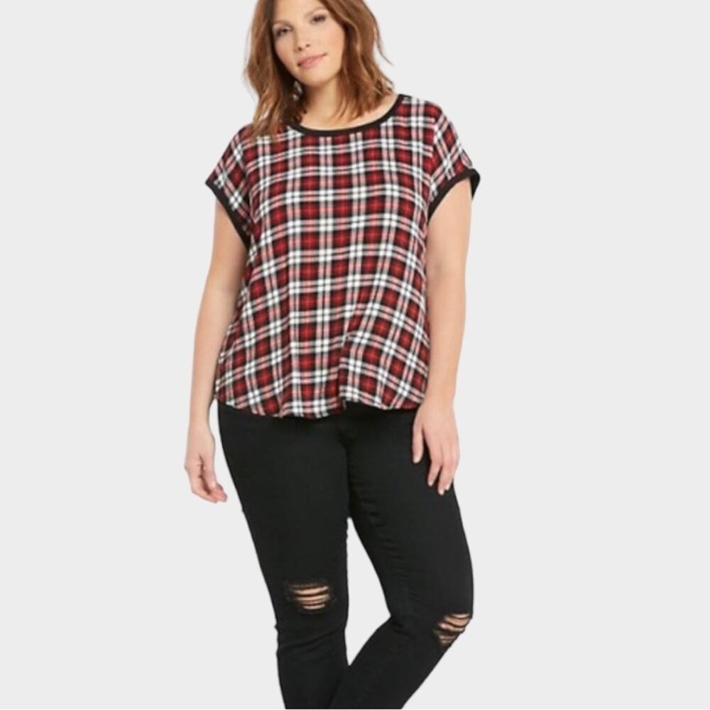 TORRID Black & Red Plaid Crepe Dolman Top
